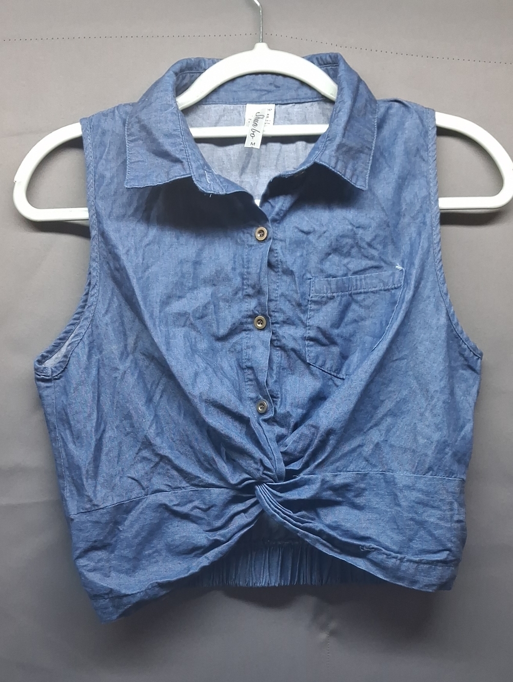 Shun Bo Blue Denim Sleeveless Crop Top Knot-Front Womens MEDIUM (M)